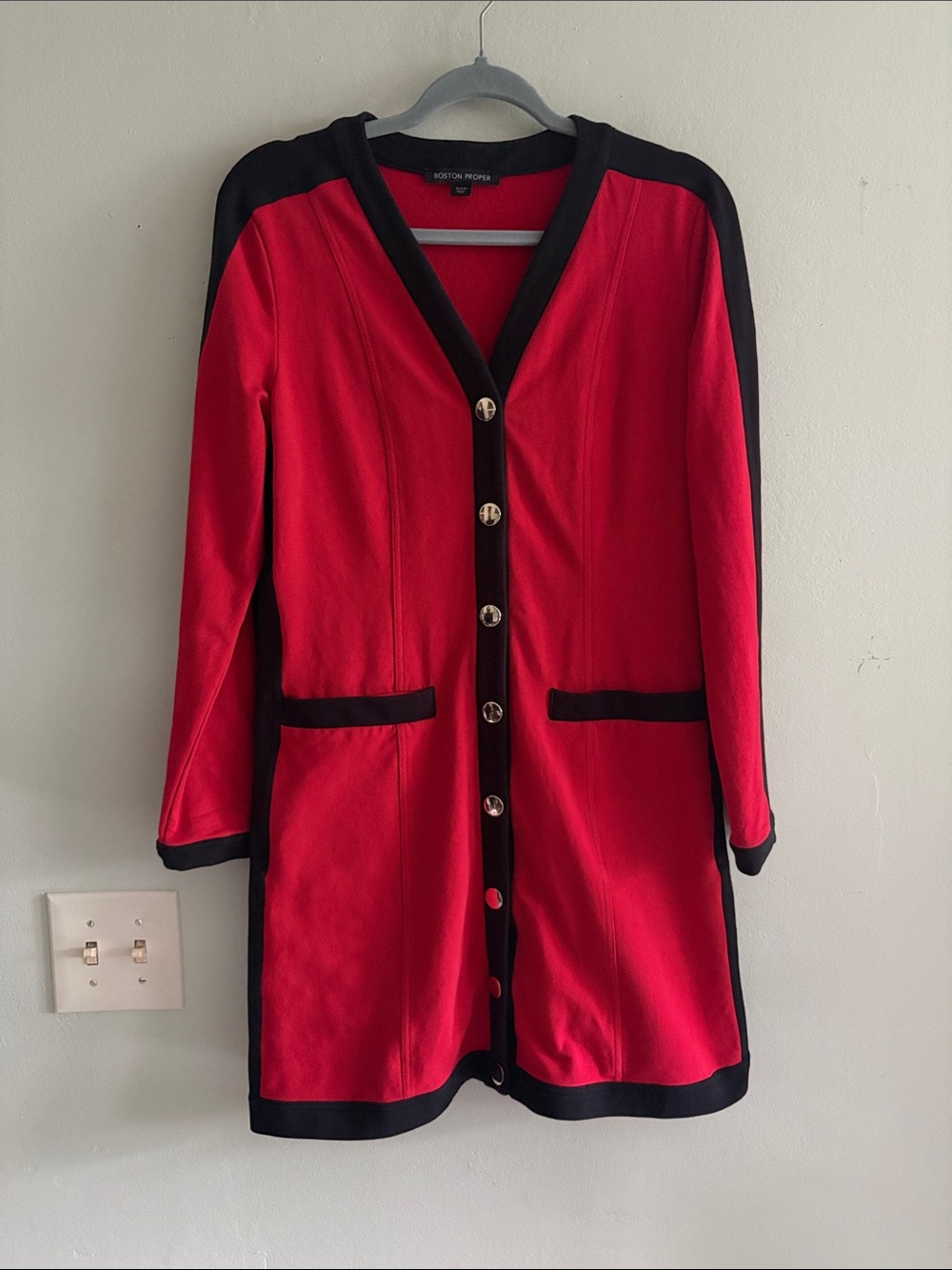 Boston Proper Red and Black Long Button Cardigan coat M